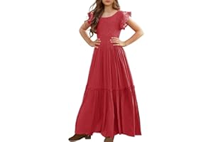 MITILLY Girls Lace Flower Ruffle Sleeve A-Line Swing Wedding Party Maxi Dress with Pockets
