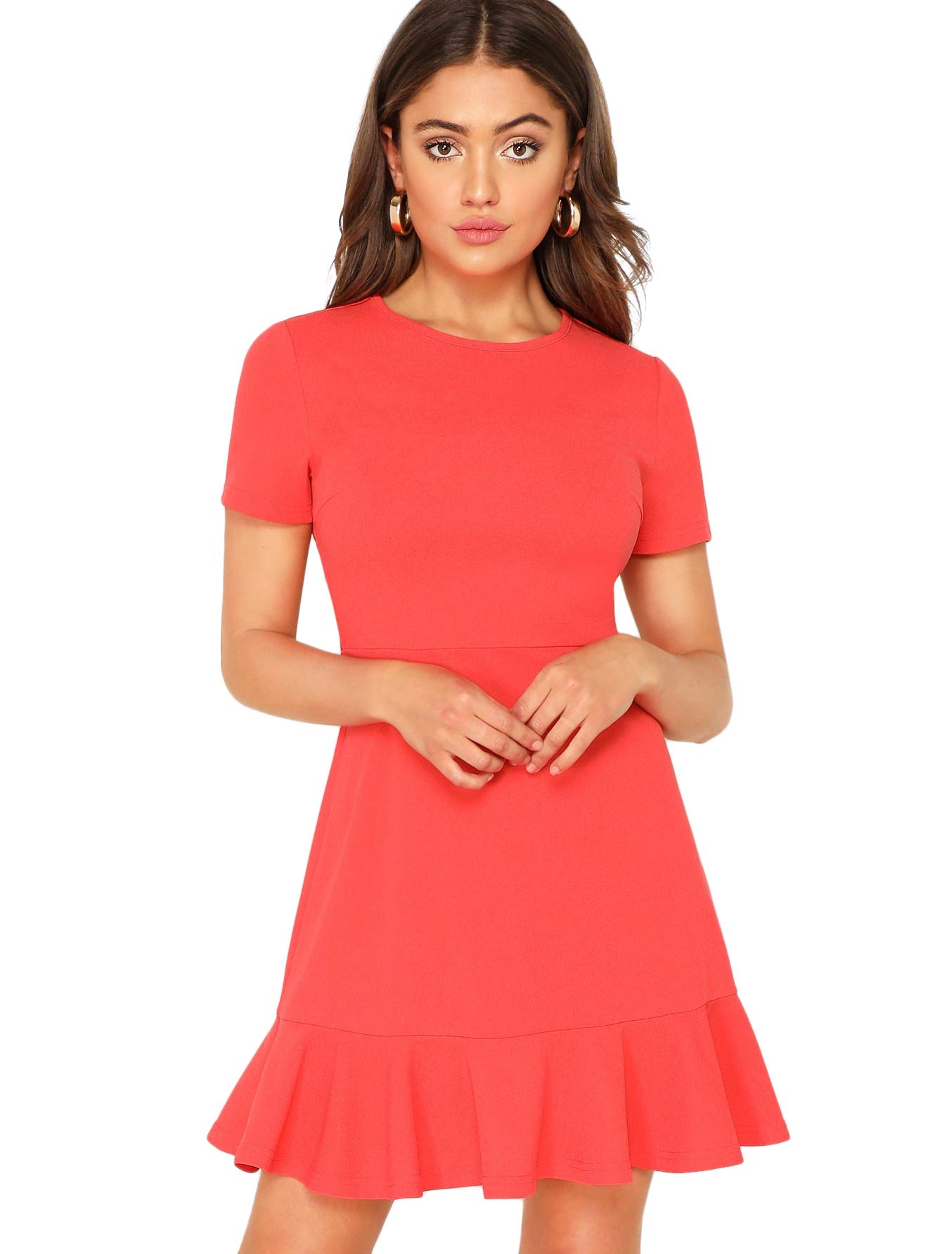 Romwe Women's Summer Short Sleeve Casual Ruffle Hem Aline Mini Swing Dress