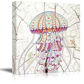 Square Canvas Wall Art - Abstract Colorful Giant Jellyfishon Vintage Wood Effect Background - Giclee Print Gallery Wrap Modern Home Art Ready to Hang - 12x12 inches