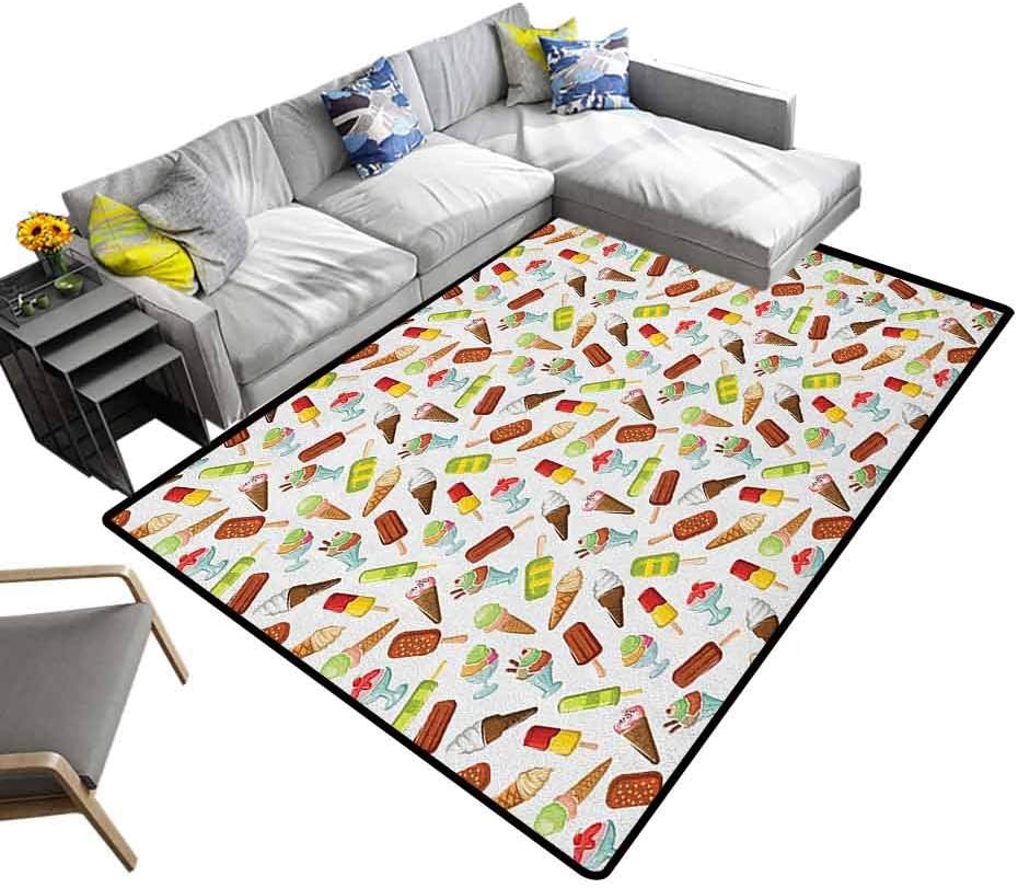 Ice Cream Floor Mat Frozen Desserts in Wafer Cone Glazed Eskimo with Whipped Cream Chocolate Sundae Bathroom Soft Durable Area Rug Multicolor (6'x8')