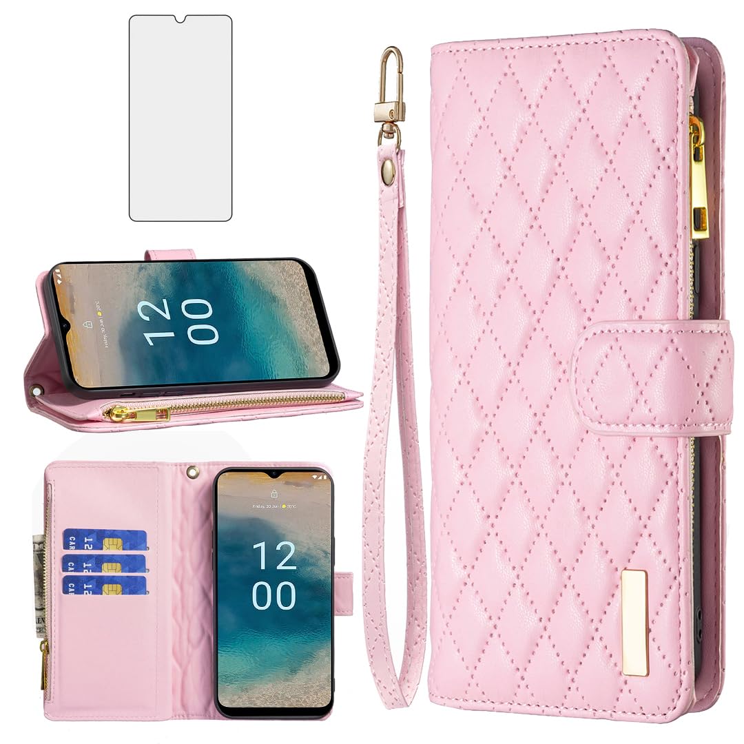 Asuwish Phone Case for Nokia G22 Wallet Cover with Tempered Glass Screen Protector and Leather Flip Credit Card Holder Stand Cell Accessories Magnetic Full Body NokiaG22 G 22 22G Women Girls Pink