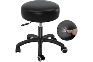 SALONFACTORY Rolling Stool with Wheels,Heavy Duty Lash Chair Adjustable for Tatoo Lab Massage Salon Spa Drafting Nail Teach,360 Swivel,Leather,Thick Seat Padding,Black