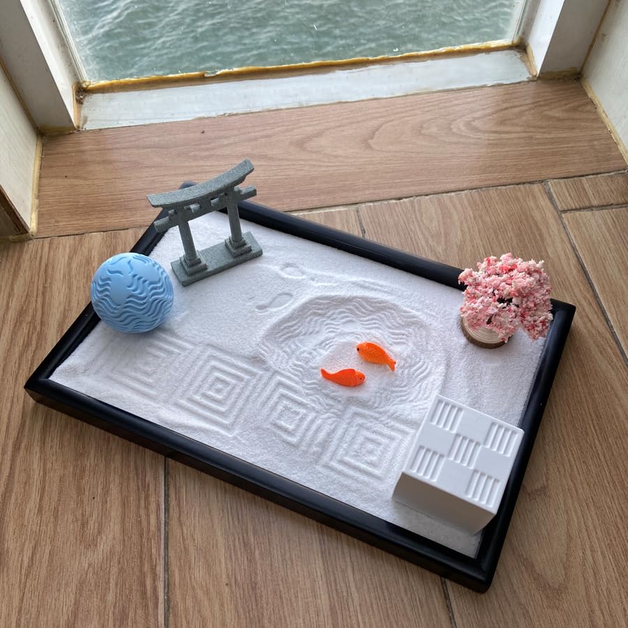 AOVOA Japanese Zen Garden Kit for Desk with 3 Sand Spheres, Zen Decor with Wooden Tray and Natural Rake Torii Gate Ornament for Home & Office, Desktop Sandbox for Relaxation and Meditation
