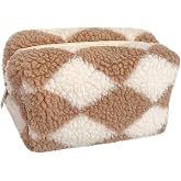 Checkered Makeup Bag, Checkered Plush Cosmetic Bag, Asthetic Plaid Handbags, Cute Zipper Large Travel Toiletry Bag, Soft Storage Pouch Pencil Case Fluffy Fuzzy Makeup Bag for Women Girls (Khaki)