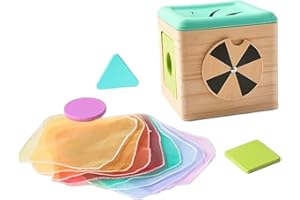 Baby Tissue Box Toy, Educational Sensory Toys for Babies with Silk Scarf & Blocks, Wooden Tissue Box with Mirror for Infant T
