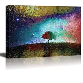 an Abstract Painting of a Single Tree in a Field on a Grunge Like Textured Background - Canvas Art Home Art - 12x18 inches