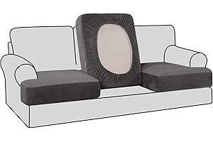 H.VERSAILTEX Stretch Velvet 3 Piece T Cushion Sofa Slipcovers Individually Sofa Cushion Covers for 3 Cushion Couch Seat Cushion Covers for Sofa Seat Cushion Covers Stay with Elastic Bands, Grey