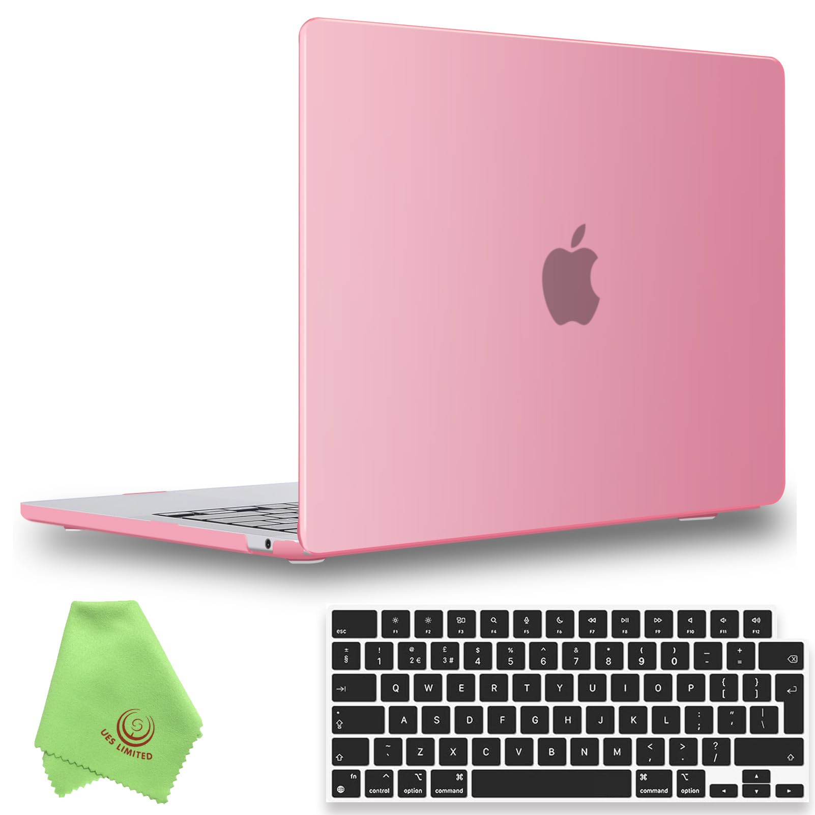 UESWILL 2in1 Compatible with MacBook Air (15 inch, M2 M3 M4 M5, 2023 2024 2025 2026) Model A3448 A3241 A3114 A2941, Matte Hard Shell Case + EU Layout Keyboard Cover + Microfiber Cloth, Pink