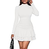 PRETTYGARDEN Womens Spring Long Sleeve Dresses 2026 Mock Neck Ruched Y2K Clothes Ruffle Layered Bodycon Mini Party Dress