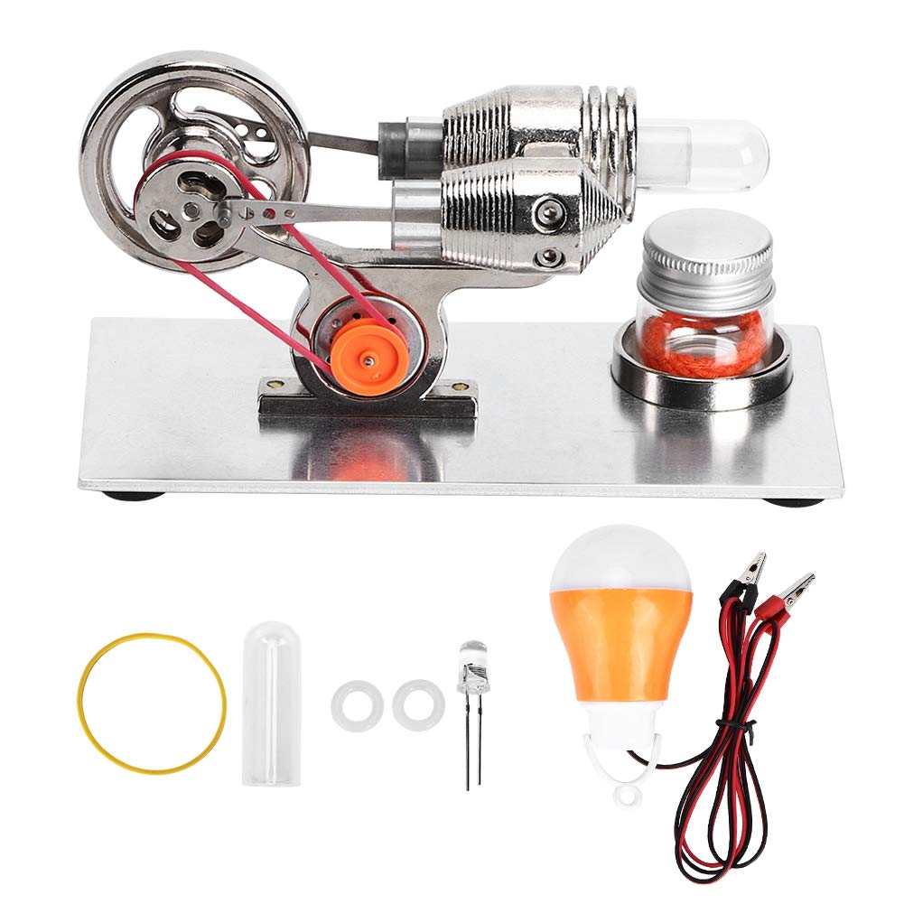 Miniature Stirling Engine Model, with LED Flywheels, DIY Stirling Engine, Physics Teaching Model, Zinc Alloy Body, Aluminum Alloy Base, for Hands On Operation