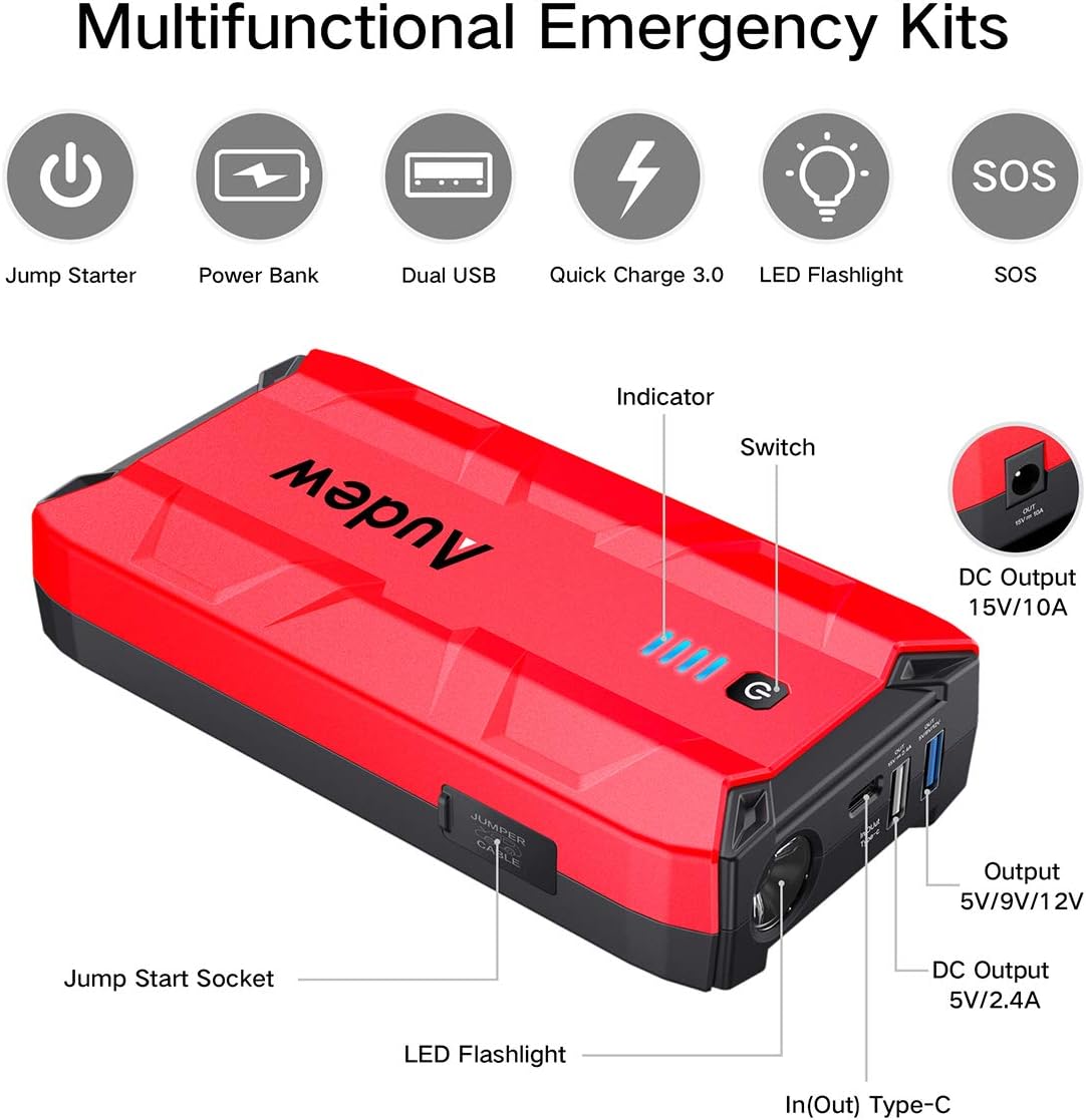 6 in 1 Multifunction Audew 1000A 12V Peak Car Jump Starter Portable