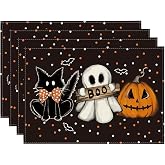 Artoid Mode Black Cat Ghost Boo Halloween Placemats Set of 4-12 x 18 Inch | Heat-Resistant Table Mats,Washable Seasonal Jack-O'-Lantern Spooky Kitchen Dining Decor