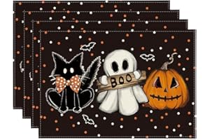 Artoid Mode Polka Dot Ghost Pumpkin Cat Boo Halloween Placemats Set of 4, 12x18 Inch Seasonal Fall Table Mats for Party Kitchen Dining Decoration