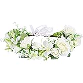 Vivivalue Wedding Floral Crown Women Flower Headband Hair Wreath Floral Headpiece Halo Boho with Ribbon Party Prom White