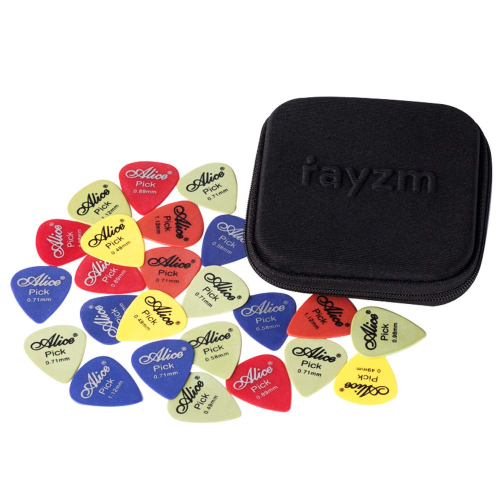 Rayzm Guitar Picks Plectrums 50pcs in a Durable Cloth Case, Premium Assorted Delrin Picks for Guitar Bass & 6 Thickness 0.49/0.58/0.71/0.89/0.98/1.12 mm (Derlin)