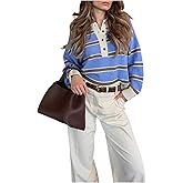 MakeMeChic Women's Striped Rugby Shirt Button Down Long Sleeve Preppy Sweater Knit Winter Pullover