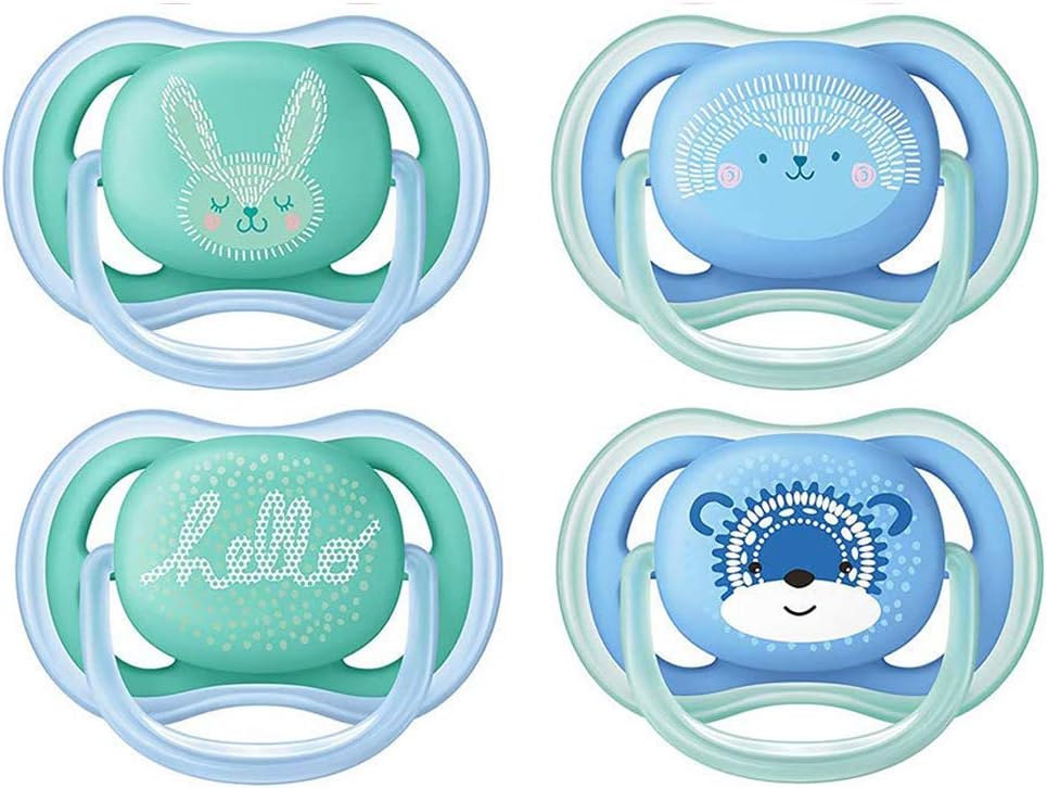 Philips Avent Dummy with Ultra Soft Teat Shield // New 2019 // 6-18 Months // Ultra Soft // Set of 4 Plain // Includes 2 Sterilising Transport Boxes