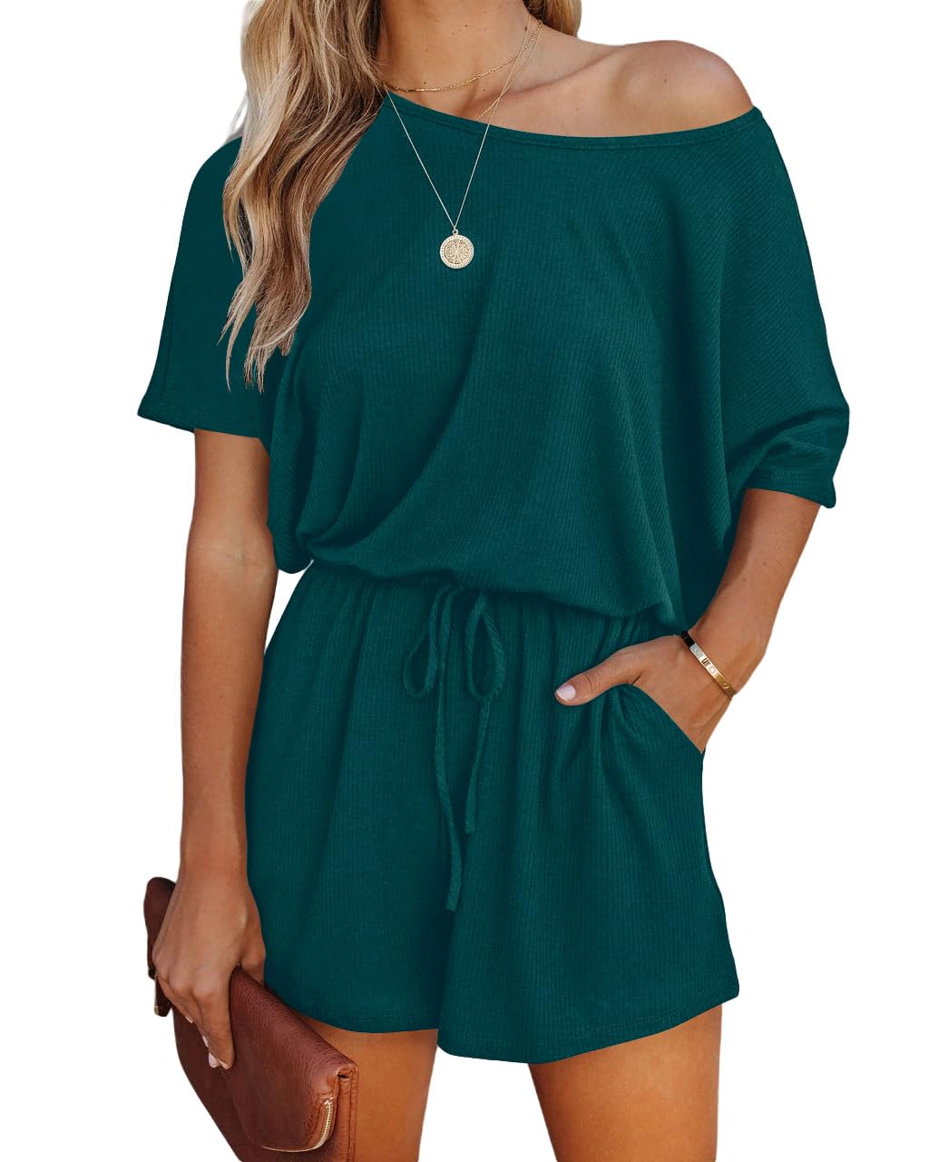 Photo 1 of Lacozy Women 2025 Summer Short Sleeve Off The Shoulder Romper Casual Shorts One Piece Overall Jumpsuit Outfits Green S