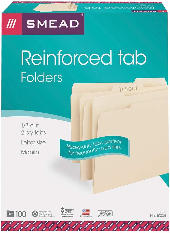 Smead File Folder, Reinforced 1/3-Cut Tab, Letter Size, Manila, 100 Per Box (10334) : Manila File Folders : Office Products