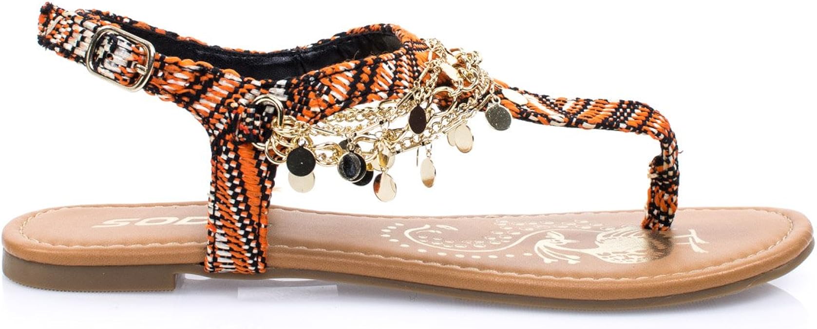 Amazon.com | Women's Metal Chain Flat Thong Sandal w Multi Colored Print & Sling Back Ankle 