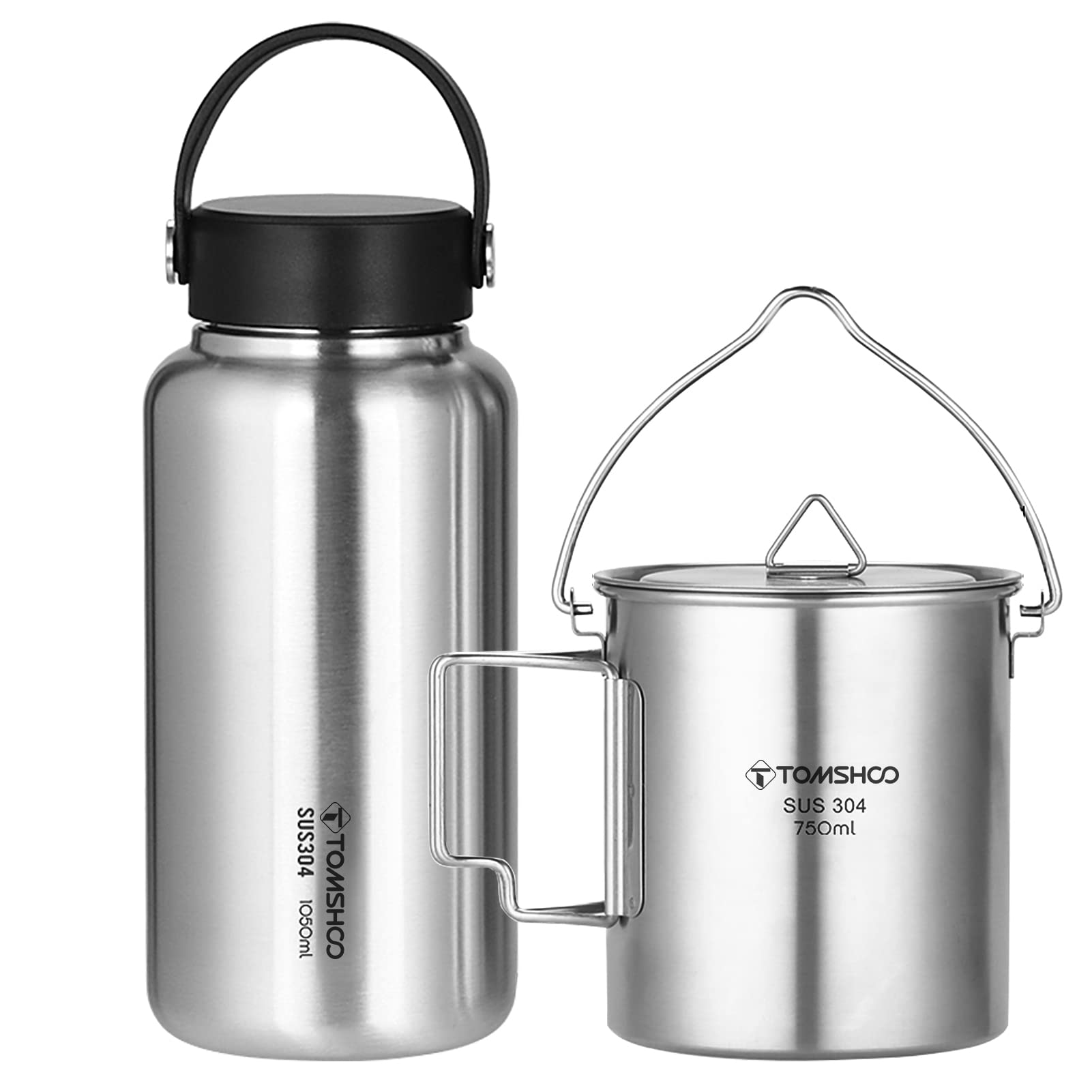 ERYUE 1050ml Stainless Steel Water Bottle Leak Proof Sports Bottle with 750ml Water Cup Coffee Mug Hanging Pot for Outdoor Camping Hiking Backpacking Fishing