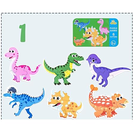 FidgetGear Kids Puzzle Toy,6 in 1 Baby Cartoon Animal Pattern Puzzles Early Education Wood Toy for Toddlers Children Dinosaur Family