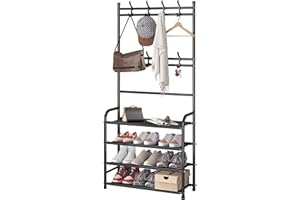 GLSY 4-Tier Entryway Coat Rack, Coat and Shoe Rack, Entryway Bench Storage Organizer with 8 Double Hooks for Bedroom, Hallway, Office, Black, 60CM/23.6 IN