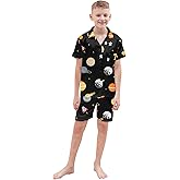 Schbbbta Kids Satin Pajamas Sets Girls Boys Button-Down Pjs Short Sleeve Silk Nightwear, Black Astronaut, 11-12 Years = Tag 160