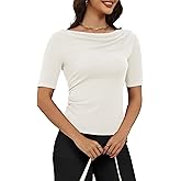kakola Cowl Neck Half Sleeve Business Casual Tops for Women Ruched Fitted Boat Neck Elbow Length Tee Shirts Trendy Dressy
