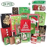 24 Christmas Gift Bags Assorted Sizes with 60-Count Christmas Gift Tags(Bulk Set,6 XL,6 Large,6 Medium,6 Small)