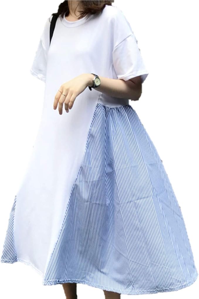 Amazon アスミナリ As54 ワンピース 切替ワンピース Tシャツ シャツワンピース 夏 夏服 春夏 秋 ひざ丈 ストライプ柄 着痩せ レディース 春夏 春秋 秋冬 スリーシーズン 韓国ファッション 可愛い カワイイ お洒落 カジュアル 大きめワンピース 半袖 ハンソデ 半そで