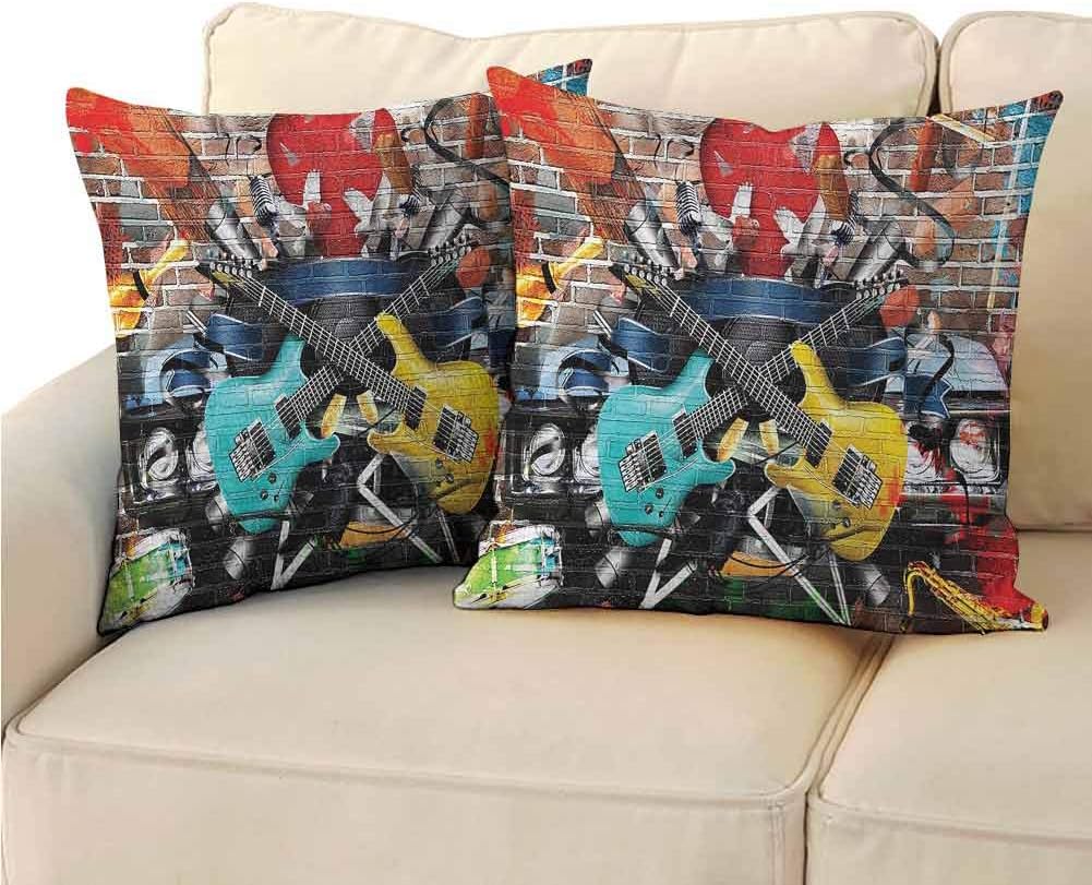Music Decor Decorative Square Pillow Cover, Collage of Music for Sofa (2 PCS, 18x18 Inch) Color and Musical Instruments Street Wall Art Joy Nostalgia