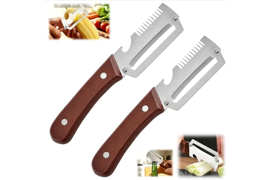 2 Pack MultiFunctional Vegetable Peeler,3 in 1 Multi Functional Wooden Handle Peeler and Bottle Opener,Peeler Knife for Fruit Pumpkin Peeling Potato Carrot Veggie Peeler