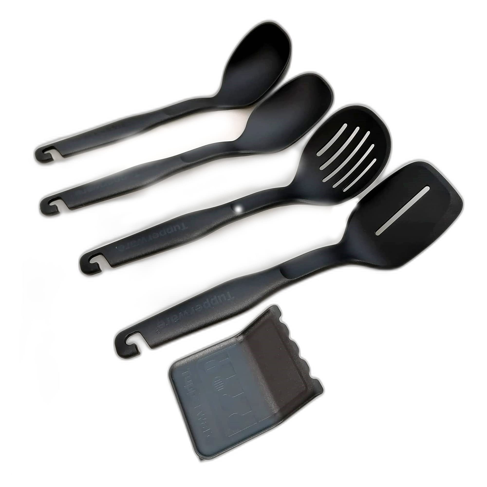 Tupperware Set of 5 Cooking Spoons / Mixing Spoon + Ladle + Slotted Spoon + Spatula + Holder Black