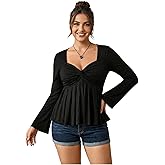 GORGLITTER Women's Plus Size Babydoll Tops Long Sleeve Peplum Ruffle Cute Sweetheart Smocked Flowy Shirts