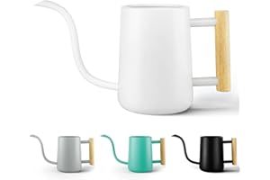 HB DESIGN CO. 35 oz Metal Small Indoor Watering Can with Long Spout & Real Wood Handle for House Plants, Succulents, Cacti & Seedlings - White Long Spout Watering Can Indoor Plants - Stylish, Gentle Flow, No Spills