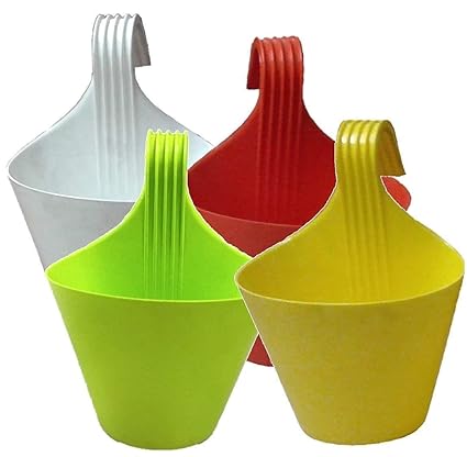Maanit Plastic Railing Vertical Hook Hanging Planters, Multicolour, 29.5 cm x 21.7 cm x 14.5 cm, 4 Pieces