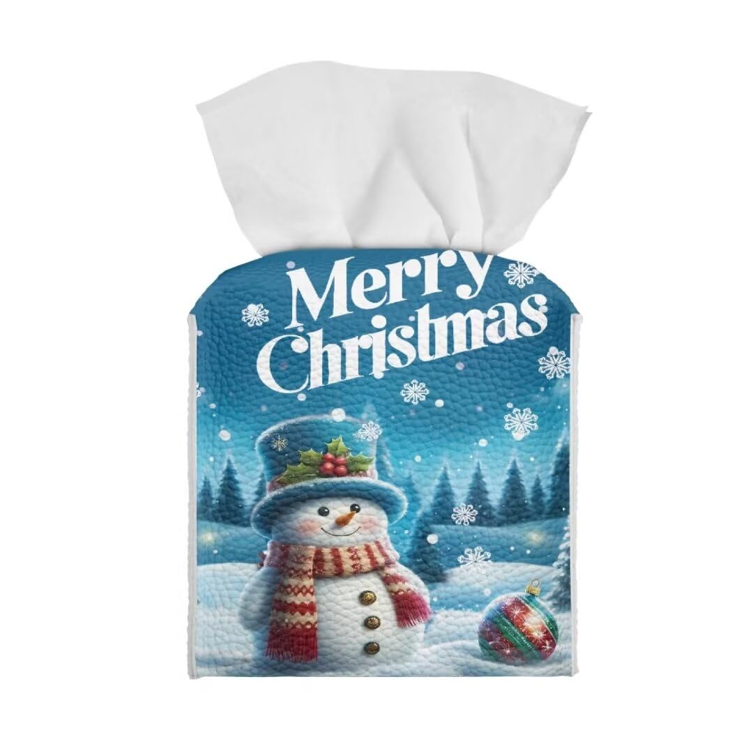 TOADDMOS Merry Christmas Tissue Box Cover Snowman PU Leather Household Office Cube Tissue Paper Holder for Home,Car,Hotel,Office and Outdoor Christmas Party Decor