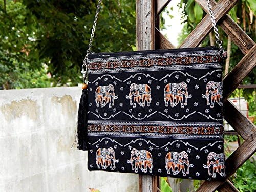 Handmade Bohemian Messenger Bag Cross Body Bag In Black &amp; Brown Elephant Color in Thai Style by Pim Collection