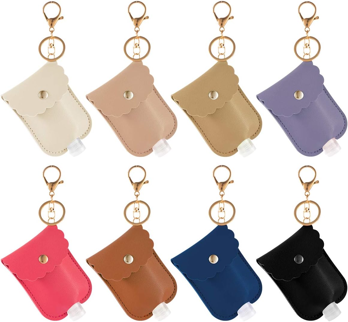 8 Pcs Leather Travel Bottle Keychain Holder Set- Easter Basket Gifts 8 Colors Leather Key Chain Holder with 8 Pcs 30ml Clear Refillable Flip Cap Empty Travel Bottles for Liquid Toiletries Containing