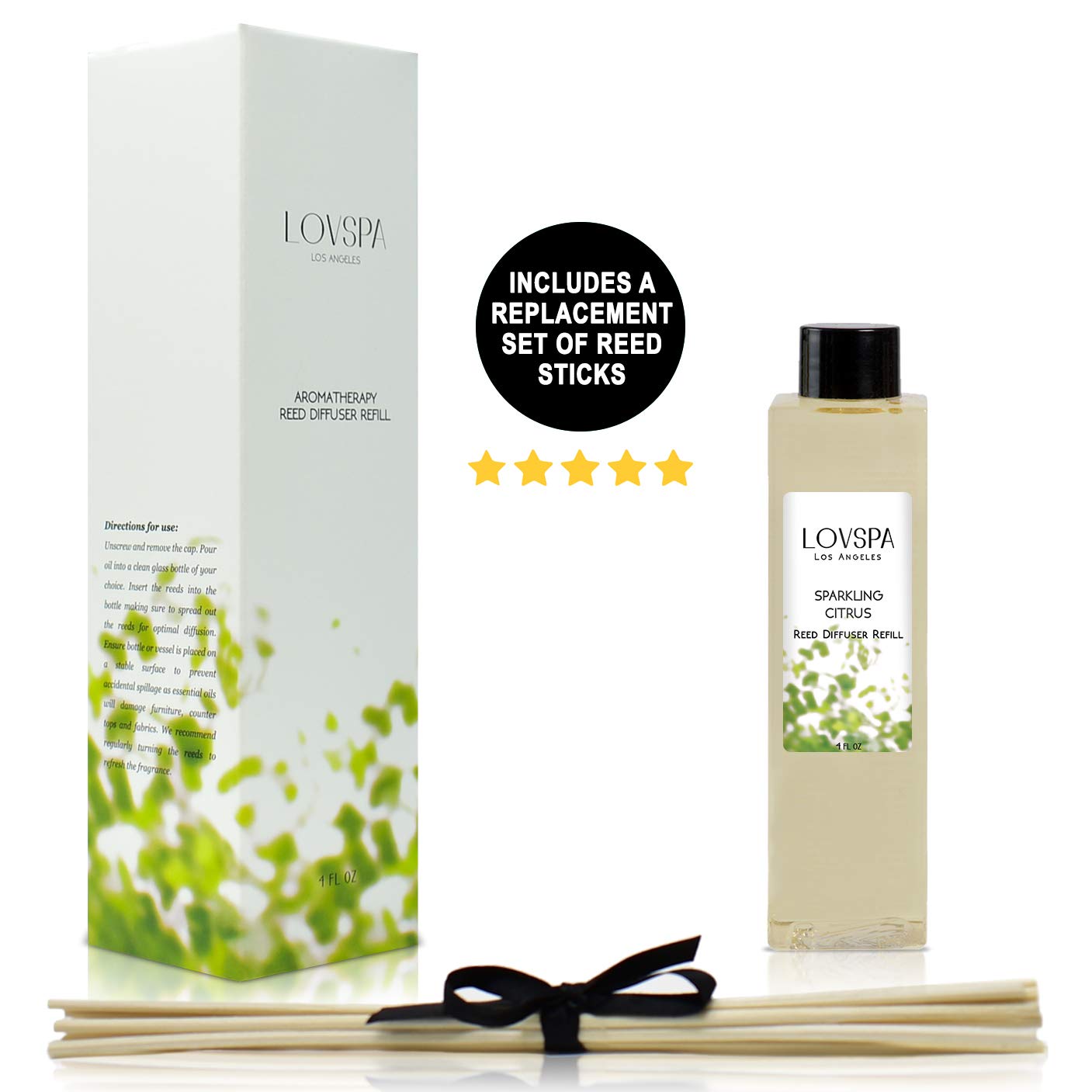 LOVSPA Sparkling Citrus Reed Diffuser Oil Refill & Replacement Reed Sticks | Energize Spring Scent | Bright Lemons, Fresh Greens, Citrus, Sage & Sandalwood | Air Freshener for Kitchen or Bathroom
