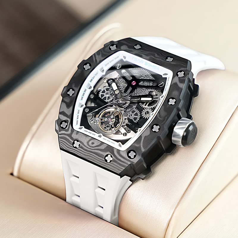 TSAR BOMBA Watch for Men, 50M Waterproof Automatic Mens Watch, Skeleton Mechanical Tonneau Big Face Dial Black Watch with Silicone Watch Bands, Gifts for Men