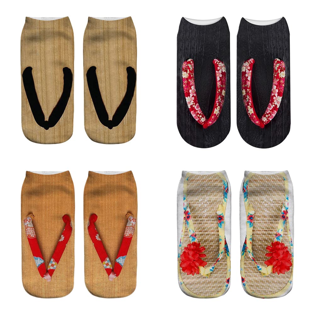Photo 1 of 4 Pairs Flip Flop Manicure Print Socks, 3D Pattern Socks Sandal Printed Socks Low Cut Ankle Socks (Lust 13+16+17+19)