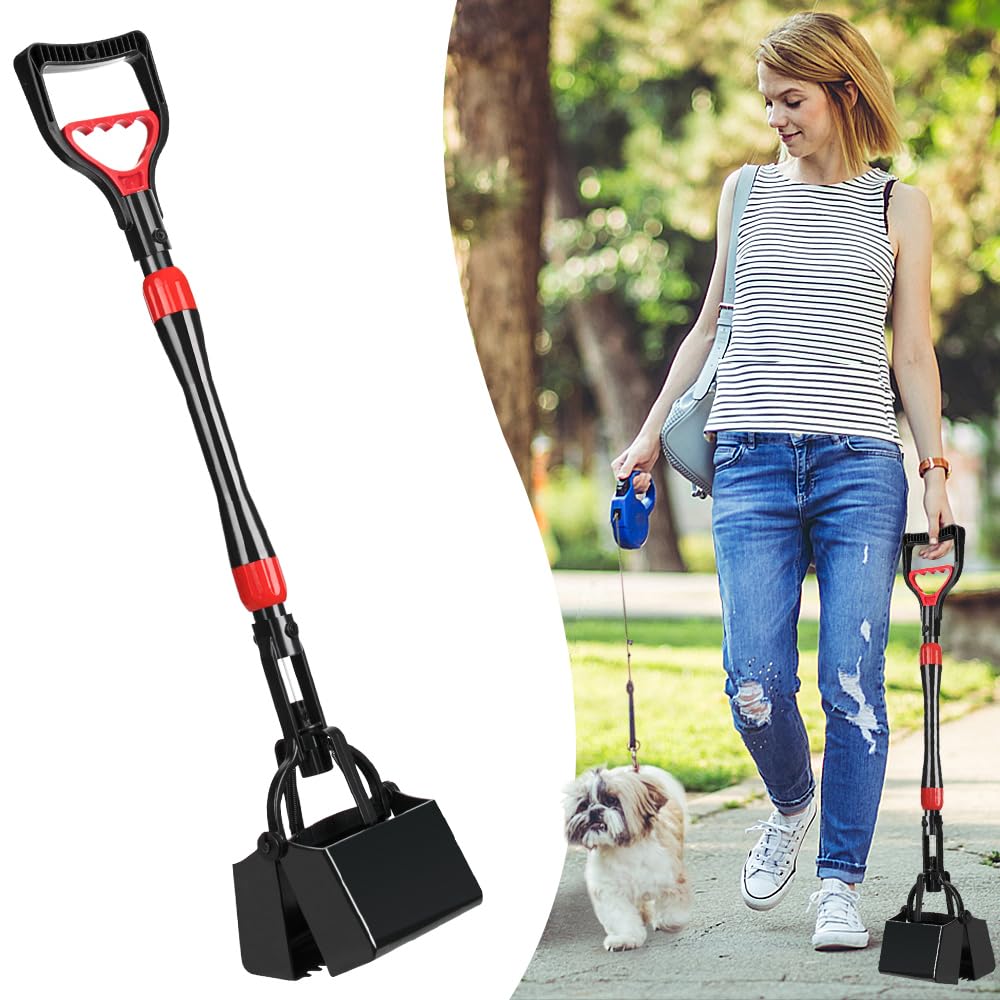 Nasjac Dog Pooper Scooper, 32'' Long Handle Foldable Pet Pooper Scooper Flat Bottom, Portable Poop Waste Pick Up Rake with Durable Spring for Small Medium Large Dog Puppy