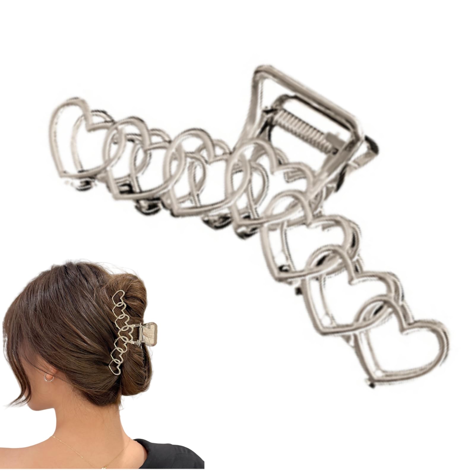 Hair Clip, Silver Hair Accessories for Women Girls Ladies Kids, Stylish Metal Barrettes Hair Claw Clips Large Headwear, Hair Styling Accessories for Party Wedding Daily, Hearts