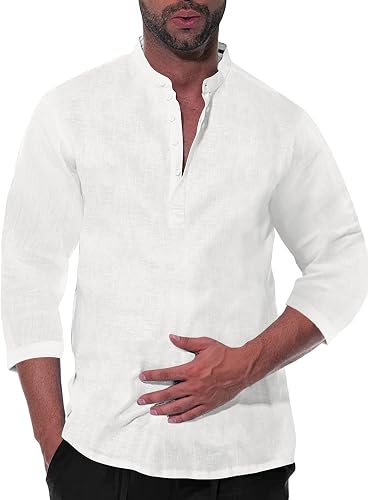 Karlywindow Mens Linen Henley Shirt 
