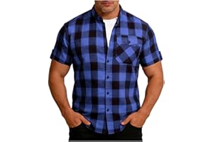 Men's Casual Short Sleeve Button Down Shirt, Checkered Pattern Stand Collar Top with Chest Pockets for Summer Wear
