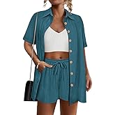 RITERA Womens Plus Size 2 Piece Outfits Cotton Linen Set Button Down Short Sleeve Shirt Drawstring Shorts Beach Vacation Sets