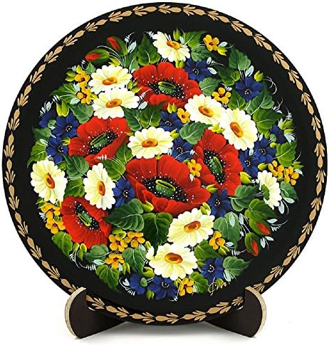 Ukrainian Folk Art Collectible Floral Petrykivka Style Hand Painted Wooden Round Platter on Stand - Ukraine Ethnic Home Decor - Perfect Gift Idea for Women - from Ukrainian Gift Shop
