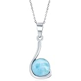 Sterling Silver High Polish Round Natural Larimar In Swirl Design 18" Pendant Necklace